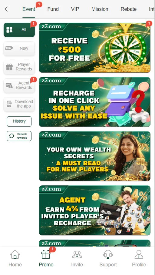 Z7 apk home lobby with game categories and featured titles